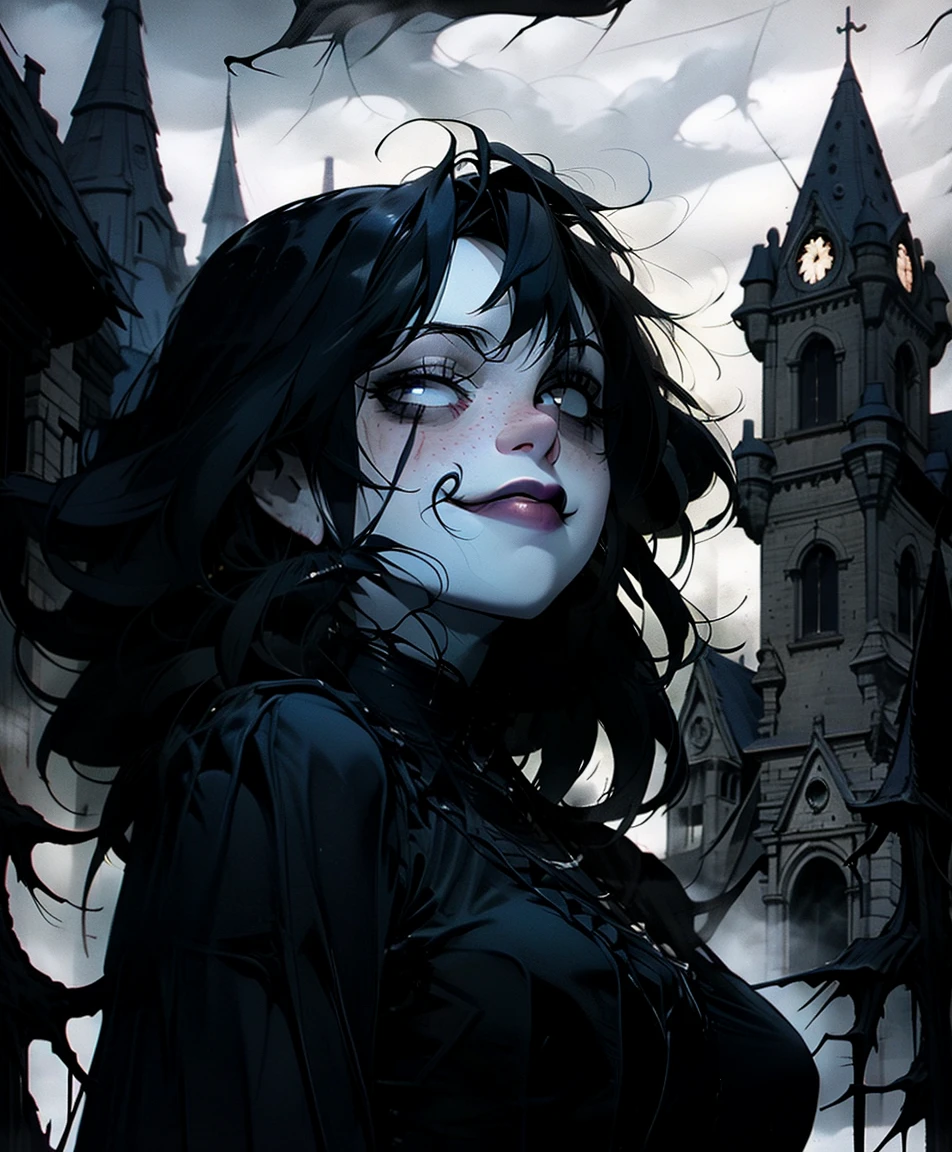 A gloomy castle in the middle of a deserted forest, surrounded by misty darkness. In front of the castle stands a lonely, dark woman with long black hair and a sinister smile.