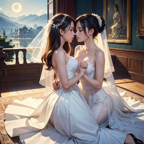 (masterpiece, highest quality, official art, beauty and aesthetic:1.5), (perfect anatomy, perfect hands), two stunning bride is ...