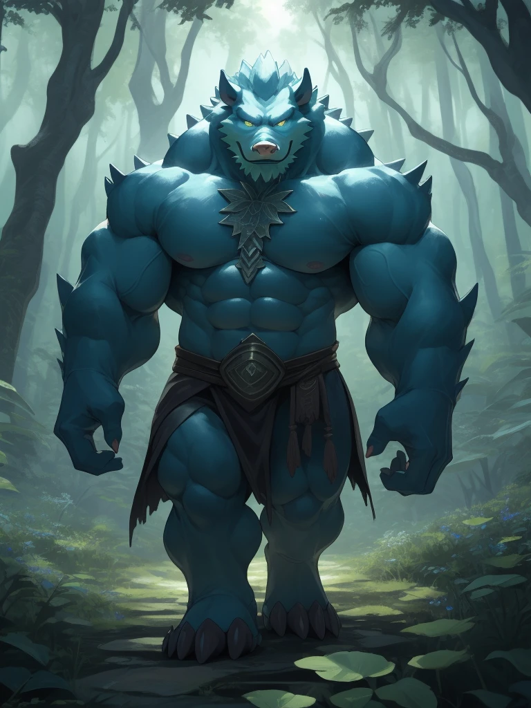 huge muscular furry hog walking in fantasy word, magic forest, glowing plants, massive muscular, huge pectoral, thick arms