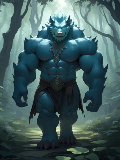 huge muscular furry hog walking in fantasy word, magic forest, glowing plants, massive muscular, huge pectoral, thick arms