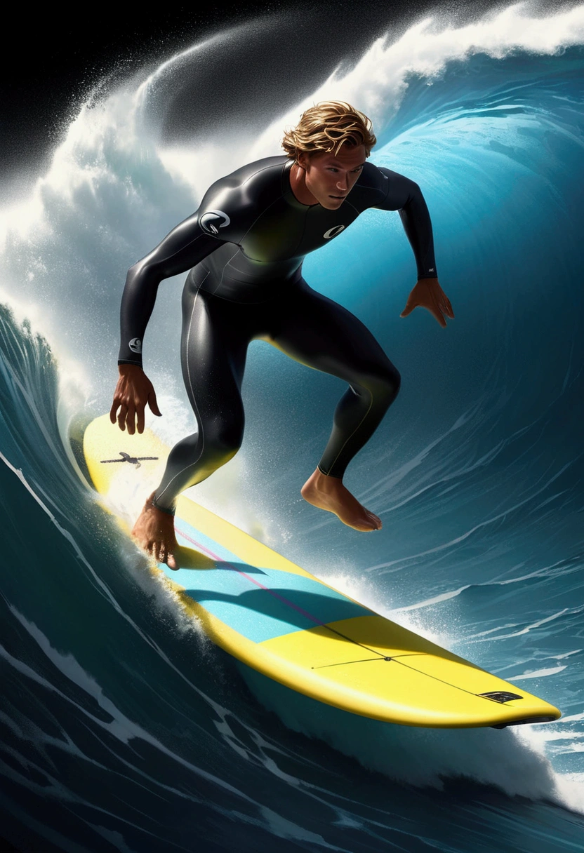 Surfer on surfboard, Professional sportswear, Capture the moment when a surfer sprints through the waves. The waves are like a wall, and the surfers shuttle through it, showing the conquest of nature and the challenge of their own limits.

dynamic movement, full body, photorealistic, Professional, perfect composition, intricate details, ultra-detailed