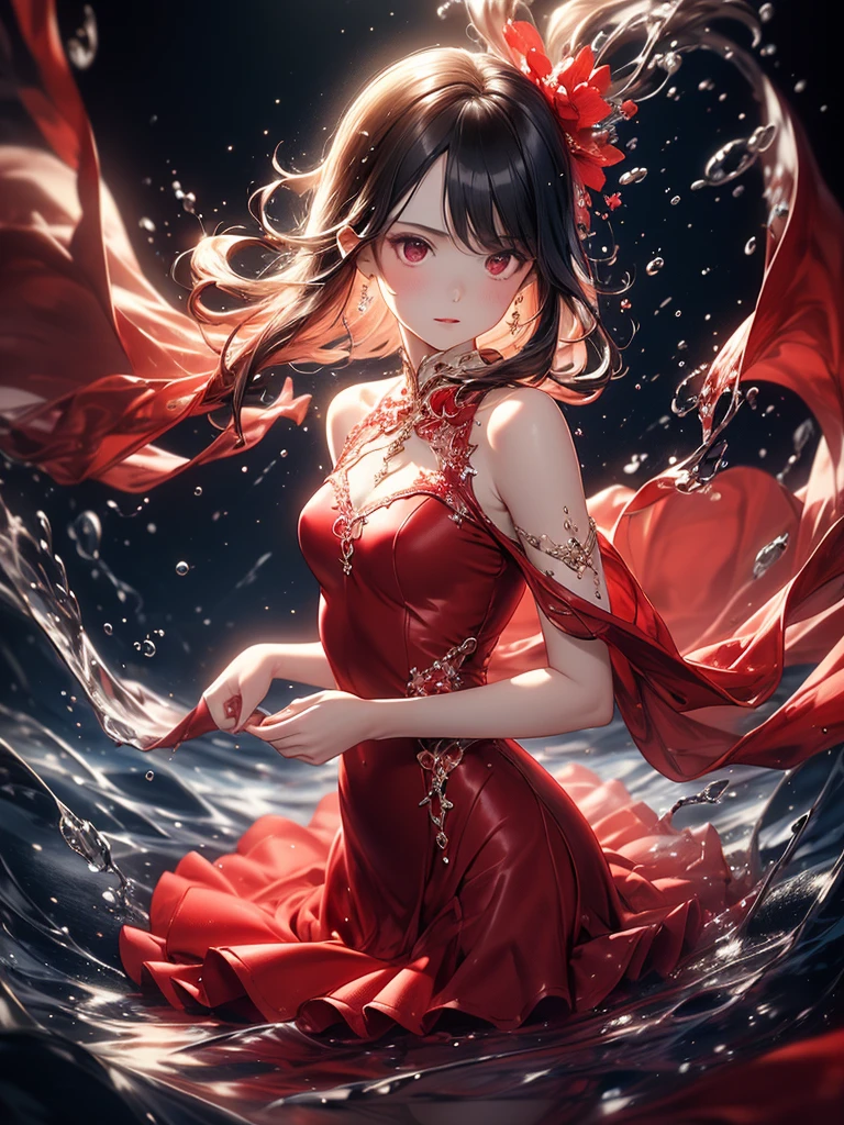 (fluid art),(master piece),(8k anime),high quality,(perfect anatomy),(small breasts),(1 beautiful girl),(solo),(silky black hair),pale skin,beautiful detailed red eyes, (Highly detailed elegant),(fusion dress and water),((fluid dress})),((water skirt)),(water dress),(red water), (red dress),ink splash,red splash,Magical colors and atmosphere, Detailed skin,The background is soft and blurry,Add a dramatic and symbolic element to your scene, Depth of written boundary, Bokeh, Silky to the touch, Hyper Detail,(black background),beautiful blue water,create an ethereal atmosphere like a dream,film lighting,cowboy shot