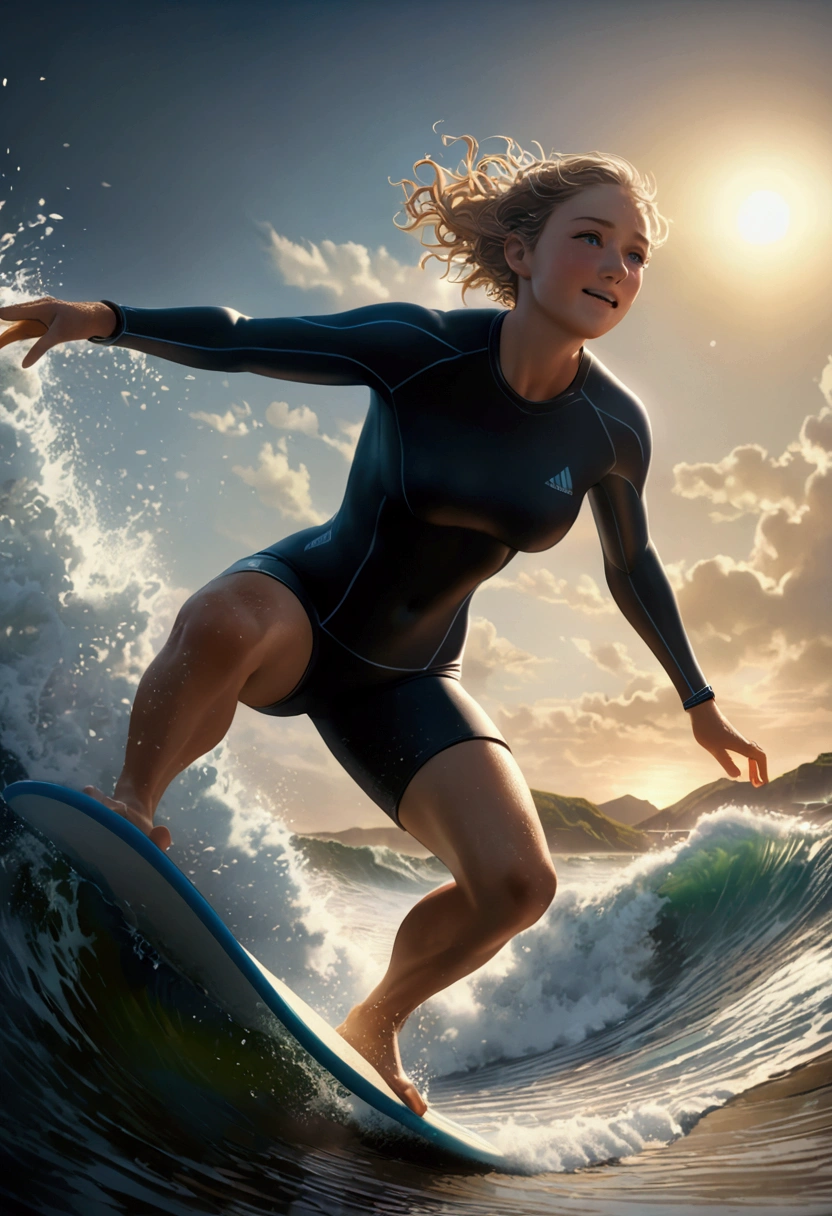 Surfer on surfboard, Professional sportswear, Capture the moment when a surfer sprints through the waves. The waves are like a wall, and the surfers shuttle through it, showing the conquest of nature and the challenge of their own limits.

dynamic movement, full body, photorealistic, Professional, perfect composition, intricate details, ultra-detailed