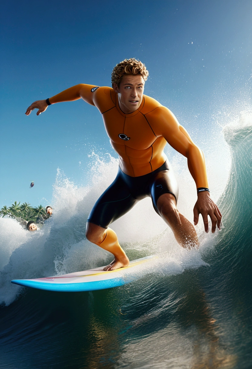 Surfer on surfboard, Professional sportswear, Capture the moment when a surfer sprints through the waves. The waves are like a wall, and the surfers shuttle through it, showing the conquest of nature and the challenge of their own limits.

dynamic movement, full body, photorealistic, Professional, perfect composition, intricate details, ultra-detailed