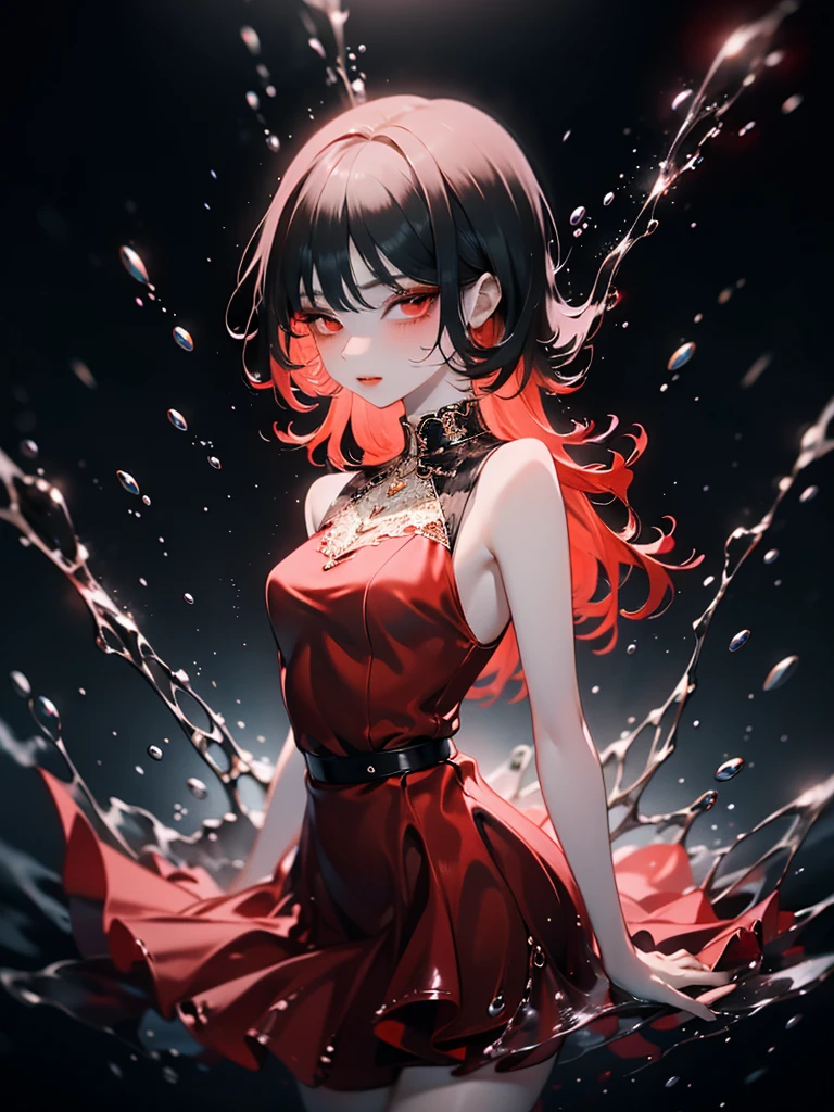 (fluid art),(master piece),(8k anime),high quality,(perfect anatomy),(small breasts),(1 beautiful girl),(solo),(silky red hair),pale skin,beautiful detailed red eyes, (Highly detailed elegant),(fusion dress and water),((fluid dress})),((water skirt)),(water dress),(red water), (red dress),ink splash,red splash,Magical colors and atmosphere, Detailed skin,The background is soft and blurry,Add a dramatic and symbolic element to your scene, Depth of written boundary, Bokeh, Silky to the touch, Hyper Detail,(black background),beautiful blue water,create an ethereal atmosphere like a dream,film lighting,cowboy shot