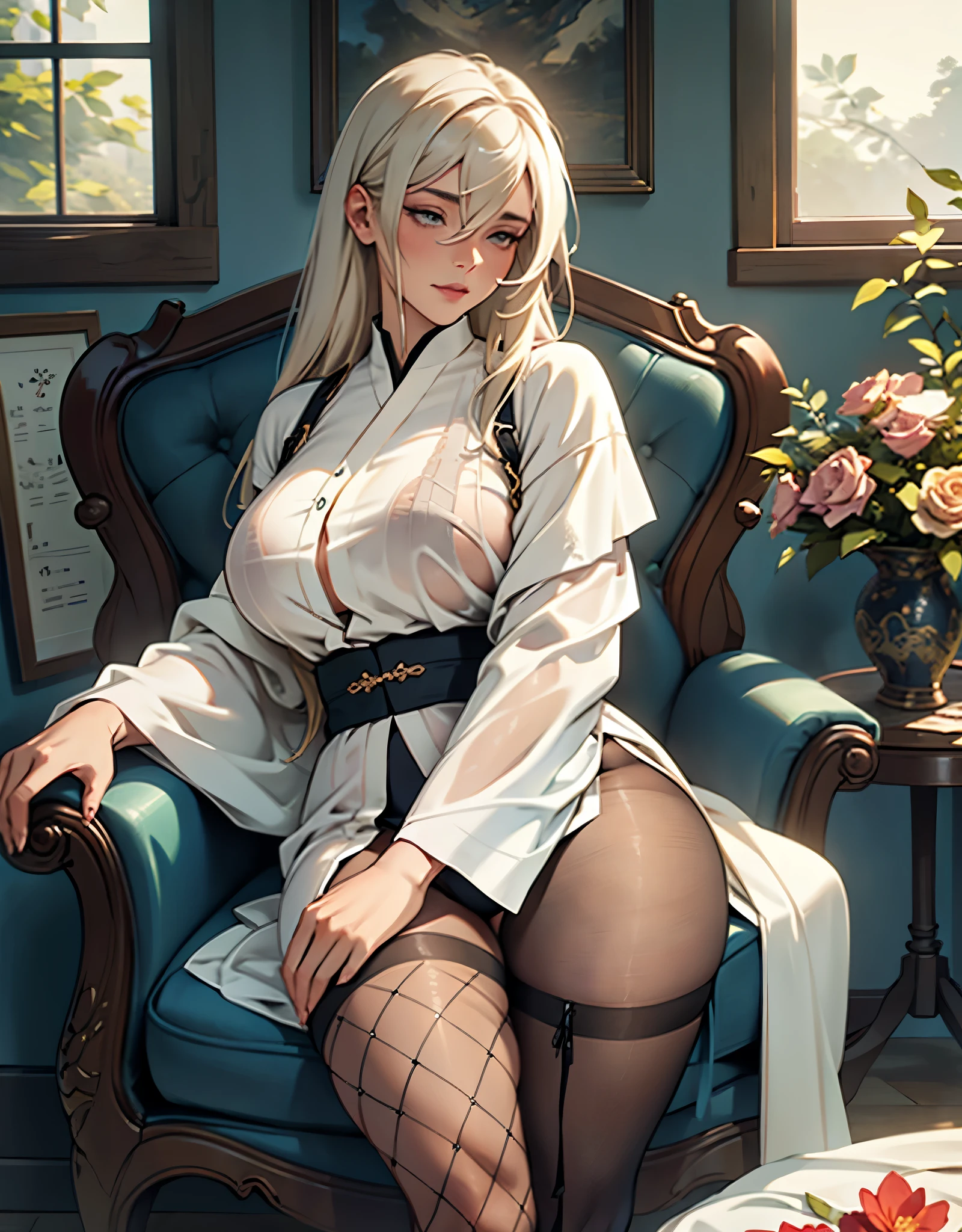 thick thighs，fleshy thighs，revealing her thighs，big natural breasts，huge round breasts，supermodel figure，perfect body，In the soft glow of the afternoon, inside a carriage compartment, an sleeping old woman sits with a dignified poise in an old armchair. The background is a blur of blooming flowers seen through the window, as if nature itself is trying to peek into her private world. Dressed in a luxurious silk robe that flows elegantly around her, its smooth texture contrasts with the lines etched by time on her skin. Her hair, now a pure white, is neatly combed, framing her weathered face, where every wrinkle tells a story of years lived fully. Despite the signs of age, there is a quiet dignity and a sense of peace about her, as if she has embraced the beauty of her twilight years. wearing black pantyhose and garter stockings and fishnet pantyhose