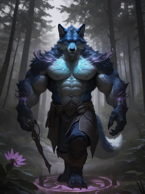 a huge muscular furry fox, walking in a fantasy world, magic forest, glowing plants, massive muscular body, huge pectoral muscle...