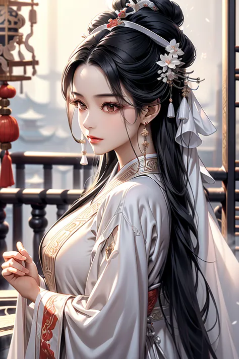 black hair, immortal, royal sister, stepmother, white robe, taoist robe, chinese style, hair bunch，mature woman