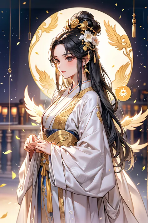 black hair, immortal, beauty, royal sister, stepmother, white taoist robe, golden phoenix coronet, hair bunch, mature woman