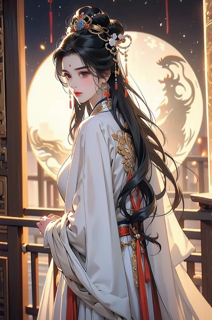 Black Hair, Immortal, Beauty, Royal sister, Stepmother, White Taoist robe, Golden Phoenix Coronet, Hair Bunch, Mature Woman