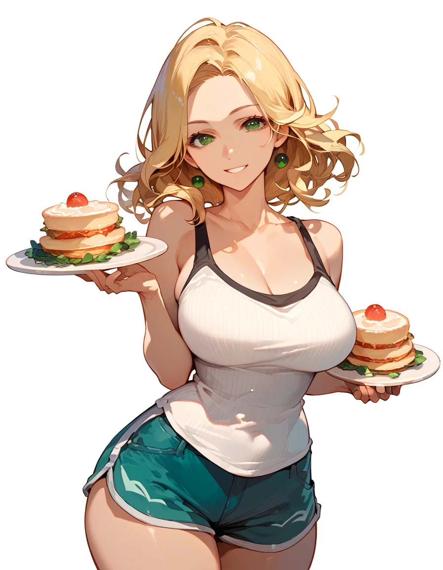 (score_9,score_8_up,score_7_up),1woman,solo,source_anime,mature,big sister,middle age,blonde hair,green eyes,wide hips, large breasts,looking at viewer, warm smile, warm expression, holding a plate of omelette, tank top, shorts, white background, simple background