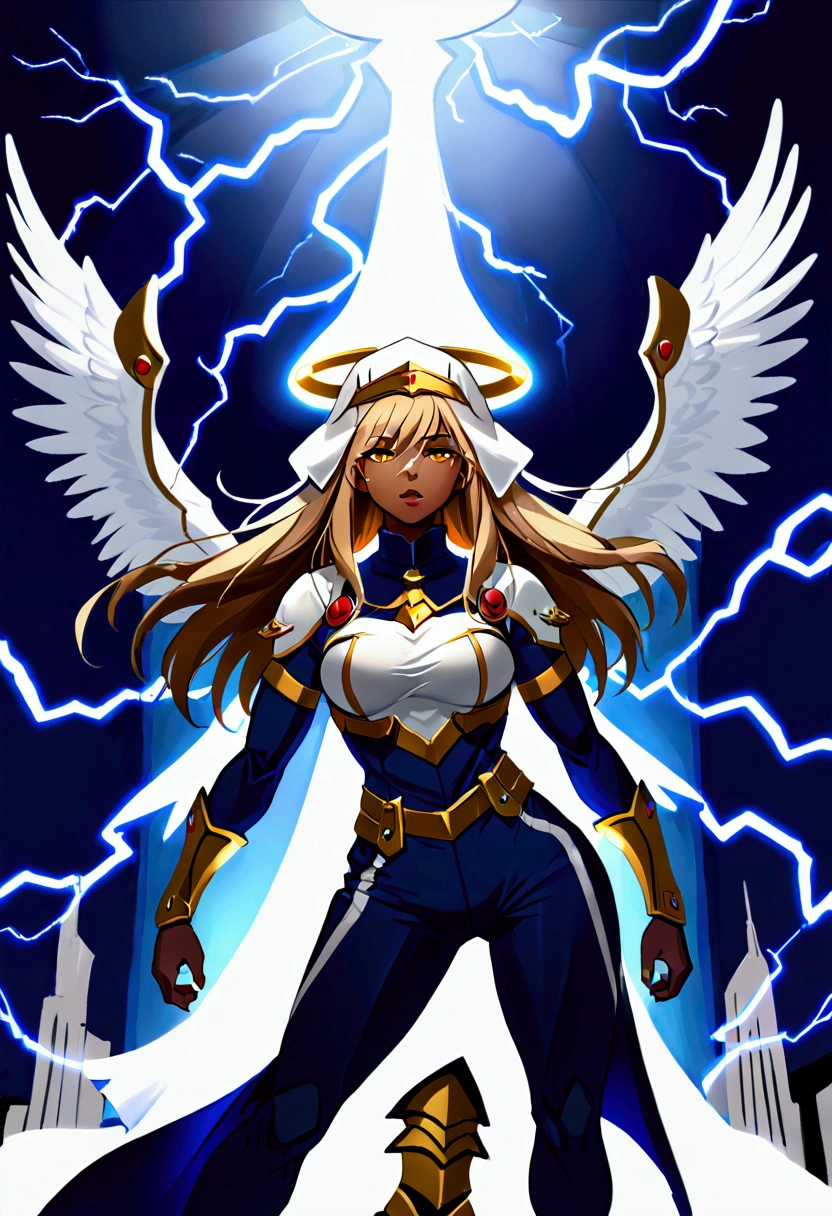 a_mighty_female_Valkyrie (strong big muscles, heavy weighted) a_sisters_veil_on_head (a navy blue veil) skin_color (light brown skin with freckles on face) eye_color (eyes are green) armor_for_torso (silver gray armor) pants (bell bottom pants blue) high_heel_boots (white high heel boots) super_power_of_lightning ((casting lightning from hands)) (((masterpiece, Best quality, amazing, beautiful, heroic, saving the day, high resolution, angel wings)))