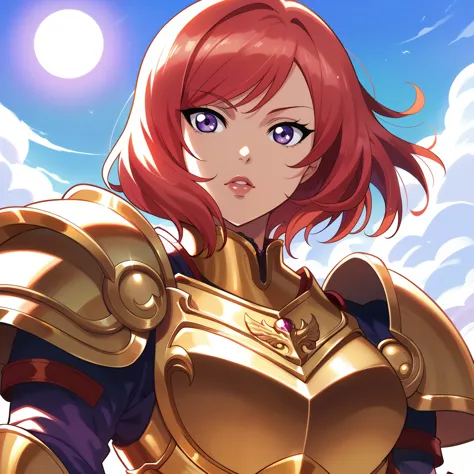 nishikino maki, purple eyes, red hair, short hair,(armor:1.2),golden armor , llchar,  upper body,solo, big breasts,(lipstick:0.7...