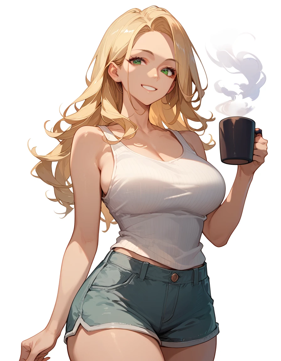 (score_9,score_8_up,score_7_up),1woman,solo,source_anime,mature,big sister,middle age,blonde hair,green eyes,wide hips, large breasts,looking at viewer, warm smile, warm expression, (holding one cup of coffee, white mug of coffee), tank top, shorts, white background, simple background