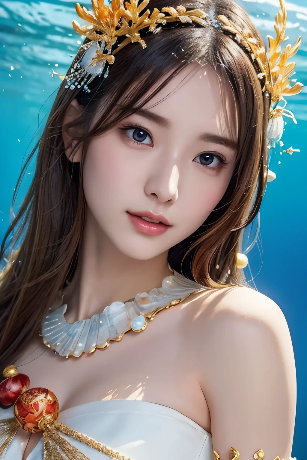 underwater scene, diving into the sea, the sea surface is sparkling, the sunlight is shining into the sea, wearing Japanese mythological goddess-like kimono, wearing light-white something like cosplay outfit, hair ornaments made from corals and shells, breastplate is made from shells-likes, chest area is alightly exposed, impossible fantasy scene, holding a rod, detailed face, long black hair, wearing gorgeous hair ornament, hair is shaggy and dishevelled, beautiful white-colored translucent skin, slendar figure, skiny chest, the veins on the chest are faintly visible, no-makeup, small nose, smooth shaped jawline, glossy face, flushed cheeks, detailed eyes, goddess-like smile, detailed lips, beautiful long eyelashes, photorealistic, close-up shoot, highly detailed, 8k, best quality, masterpiece, vibrant colors, dramatic lighting, cinematic composition, digital art