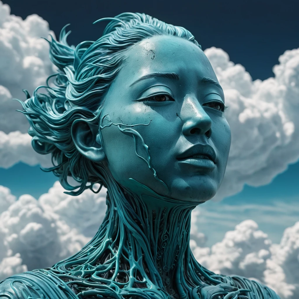 photo illustration from a world in the clouds, dark indigo and light cyan, mind-bending sculptures, realistic, 32k UHD resolusion, high quality, professional photography, closed up, Realism with a Touch of Emotion: Inoue's illustrations showcase a meticulous attention to detail, characters to life with realistic proportions and anatomical accuracy, simply aim for photorealism; instead, art with emotional depth, capturing the essence of his characters through their expressions and gestures.complicated details, very detailed,