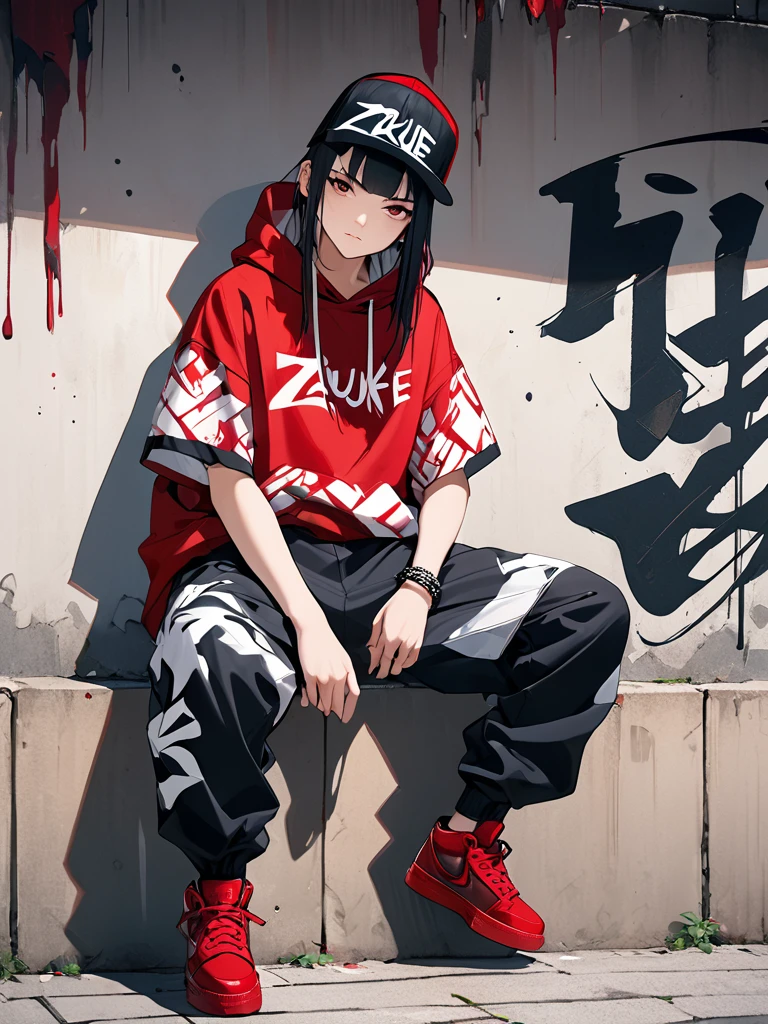 PHOTO OF A YOUNG ADULT NAME ZAZUKE, WEARING STREET  HIP-HOP CLOTHES, BARRIER HIP-HOP PANTS, RED SHOES, SITTING ON A WALL WITH AN ABSTRACT CALLIGRAPHY PAINTING,