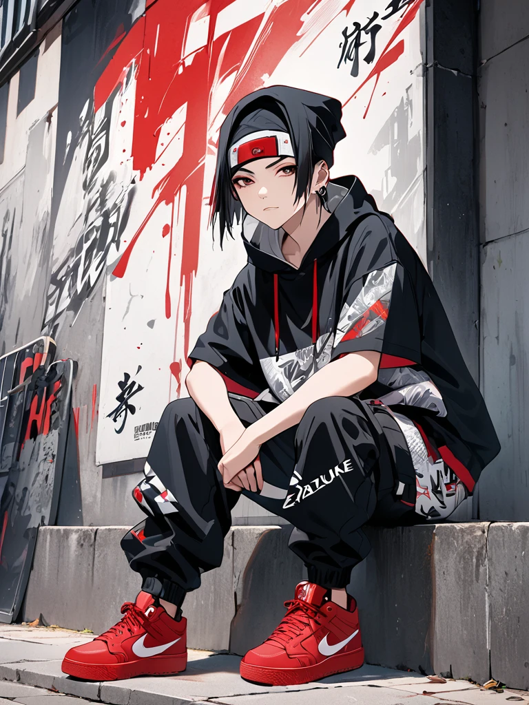 PHOTO OF A YOUNG ADULT NAME ZAZUKE, WEARING STREET  HIP-HOP CLOTHES, BARRIER HIP-HOP PANTS, RED SHOES, SITTING ON A WALL WITH AN ABSTRACT CALLIGRAPHY PAINTING,