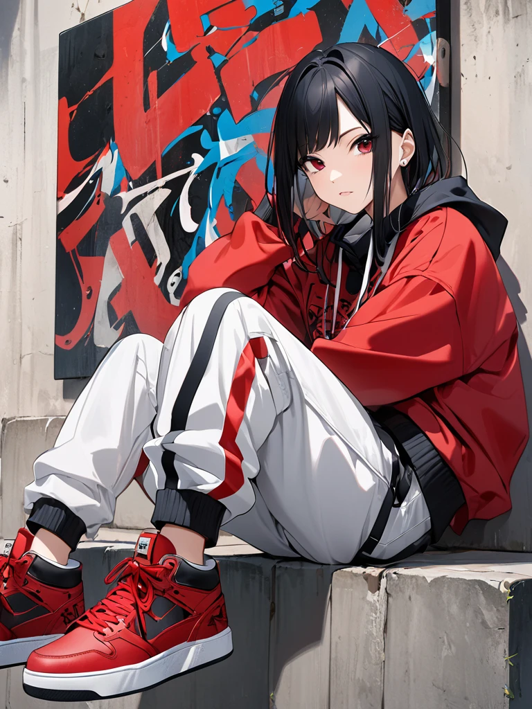 PHOTO OF A YOUNG ADULT NAME ZAZUKE, WEARING STREET  HIP-HOP CLOTHES, BARRIER HIP-HOP PANTS, RED SHOES, SITTING ON A WALL WITH AN ABSTRACT CALLIGRAPHY PAINTING,