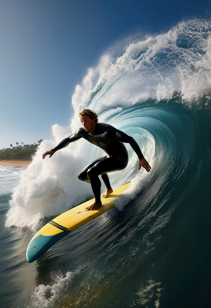 Surfer on surfboard, Professional sportswear, Capture the moment when a surfer sprints through the waves. The waves are like a wall, and the surfers shuttle through it, showing the conquest of nature and the challenge of their own limits.

dynamic movement, full body, photorealistic, Professional, perfect composition, intricate details, ultra-detailed