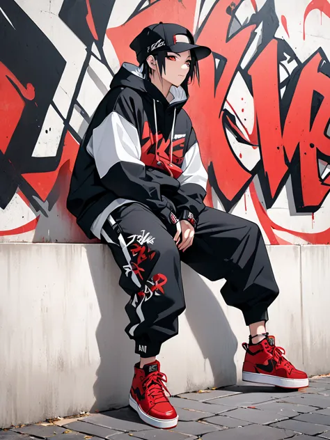 photo of an adult name named zazuke, wearing street  hip-hop clothes, brought hip-hop pants, red shoes, sitting left on the wall...