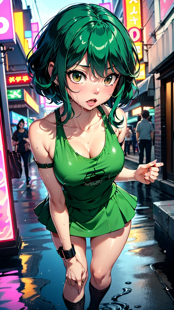 girl youtuber,(((1girl))),((extremely cute and beautiful green curly-haired girl)),

(short breasts:1.4),big butt,(((green curly hair:1.35,very curly hair,colored inner hair,ear breathing,short hair))),(((green_eyes:1.3))),intricate eyes,beautiful detailed eyes,symmetrical eyes,big eyes:1.3,((fat)),(((lustrous skin:1.5,bright skin: 1.5,skin tanned,shiny skin,very shiny skin,shiny body,plastic glitter skin,exaggerated shiny skin,illuminated skin,wet legs))),detailed body,(detailed face),

cute,slutty,seductive,erotic,(((nsfw))),

zettai ryouiki,revealing clothing,show skin,((rave mini-skirt,visible thong straps,white loose tank top with an anime art print)),((wet clothes,intricate outfit,intricate clothes)),

(dynamic pose:1.0),embarrassed,(centered,scale to fit dimensions,Rule of thirds),

cyberpunk city by the ocean at night, with bright neon signs and dark stormy clouds and puddles, scenery:1.25,

artistic photography,(photography taken by sldr),highres, sharp focus, (ultra detailed, extremely detailed), (photorealistic artwork:1.37),(extremely detailed CG unity 8k wallpaper),((synthwave background theme)),(((vibrant colors))),(intricate background),(masterpiece),(best quality),