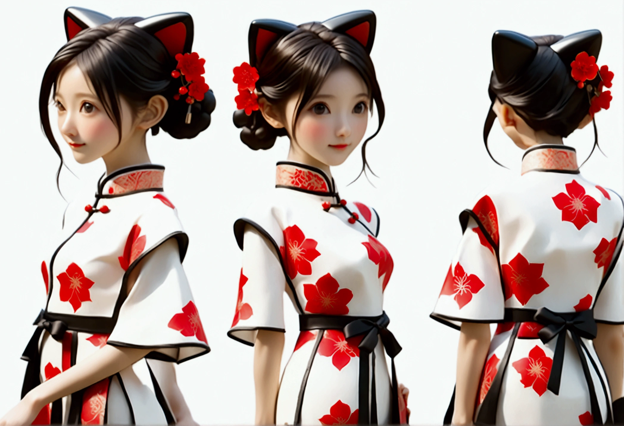 (((Showing the front view of the same 3D character IP figurine design、Side View、Rear view:1.5)))，Young fashionable girl，Wearing a fashionable ink-dyed cheongsam，Ink black and white mixed color Atles silk cheongsam，Uyghur totem cheongsam，Red bougainvillea pattern，Cheongsam style combining ethnicity and fashion，Chinese retro pattern，Cute floral pattern，airplane sleeves，Wide sleeves，Balloon sleeves，Pipa sleeves，Create 3D national trend characters，Delicate bougainvillea pattern，Multi-ethnic cultural integration，Three-dimensional Chinese style，Chinese style 3D character IP figure design，Perfectly proportioned oval face，Film-level ultra-high quality texture，Global Illumination，（Full body styling），((The same 3D character IP figure design with the same clothing and accessories from multiple perspectives，Front view of the same 3D character IP figurine design，同一个3D人物IP手办设计的Side View，同一个3D人物IP手办设计的Rear view))，
