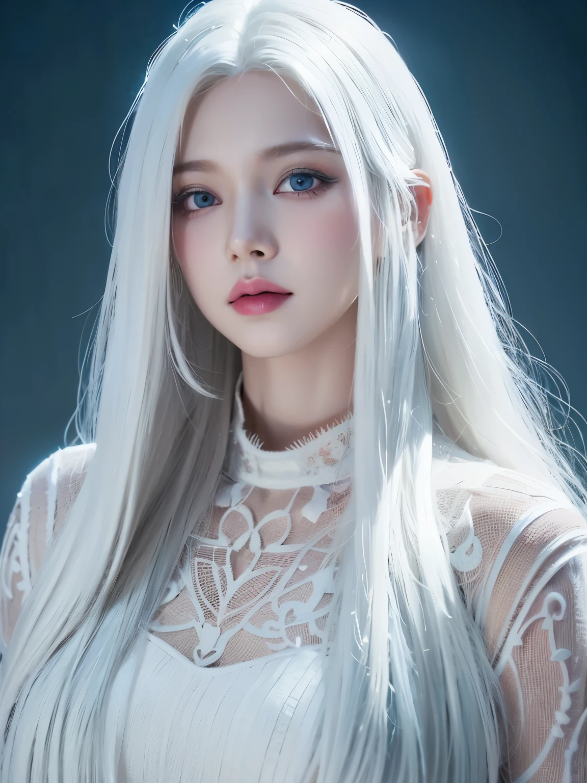 masterpiece, best quality, almost perfect, (perfect face:1.1), (high detail:1.1), dramatic, (1 person), pale skin, (새하얀 long hair카락:1.4), white snow, Otto Sepalainen, alone, long hair, white luxury suit, belly cover, snob, albinism, Luminous Studio graphics engine, Squeaky, evil magician, volumetric lighting, delicate eyes, (8k wallpaper masterpiece), very detailed, intricate details, pixel perfect, rose, fashion, side, Looking at the audience, Balenciaga style