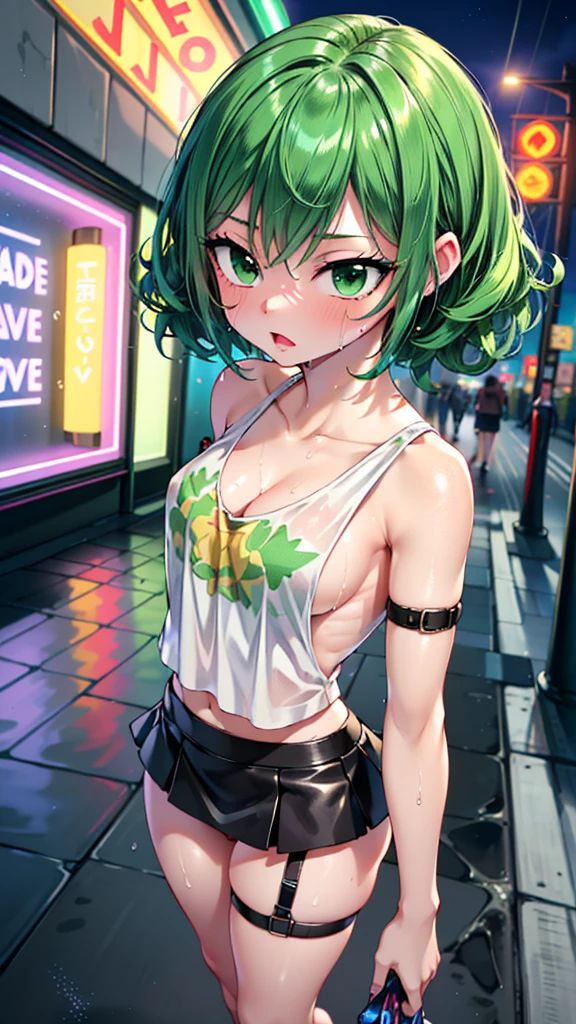 girl youtuber,(((1girl))),((extremely cute and beautiful green curly-haired girl)),

(short breasts:1.4),big butt,(((green curly hair:1.35,very curly hair,colored inner hair,ear breathing,short hair))),(((green_eyes:1.3))),intricate eyes,beautiful detailed eyes,symmetrical eyes,big eyes:1.3,((fat)),(((lustrous skin:1.5,bright skin: 1.5,skin tanned,shiny skin,very shiny skin,shiny body,plastic glitter skin,exaggerated shiny skin,illuminated skin,wet legs))),detailed body,(detailed face),

cute,slutty,seductive,erotic,(((nsfw))),

zettai ryouiki,revealing clothing,show skin,((rave mini-skirt,visible thong straps,white loose tank top with an anime art print)),((wet clothes,intricate outfit,intricate clothes)),

(dynamic pose:1.0),embarrassed,(centered,scale to fit dimensions,Rule of thirds),

cyberpunk city by the ocean at night, with bright neon signs and dark stormy clouds and puddles, scenery:1.25,

artistic photography,(photography taken by sldr),highres, sharp focus, (ultra detailed, extremely detailed), (photorealistic artwork:1.37),(extremely detailed CG unity 8k wallpaper),((synthwave background theme)),(((vibrant colors))),(intricate background),(masterpiece),(best quality),