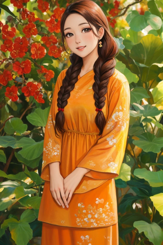 A Malay woman with natural beauty, radiant glowing skin, expressive eyes with long lashes, full lips with a gentle smile, intricately braided hair adorned with flowers, wearing traditional baju kurung, standing in a lush tropical garden, surrounded by vibrant exotic flowers and fruits, with sunlight filtering through the foliage, (best quality, 8k, high resolution, ultra-detailed, realistic, masterpiece:1.2), oil painting art style, warm color tones, gentle breezy lightin