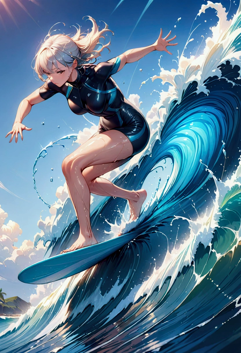 surfing, surfer, (masterpiece:1.2), best quality, high quality, Highres, (hyper detailed), water element,