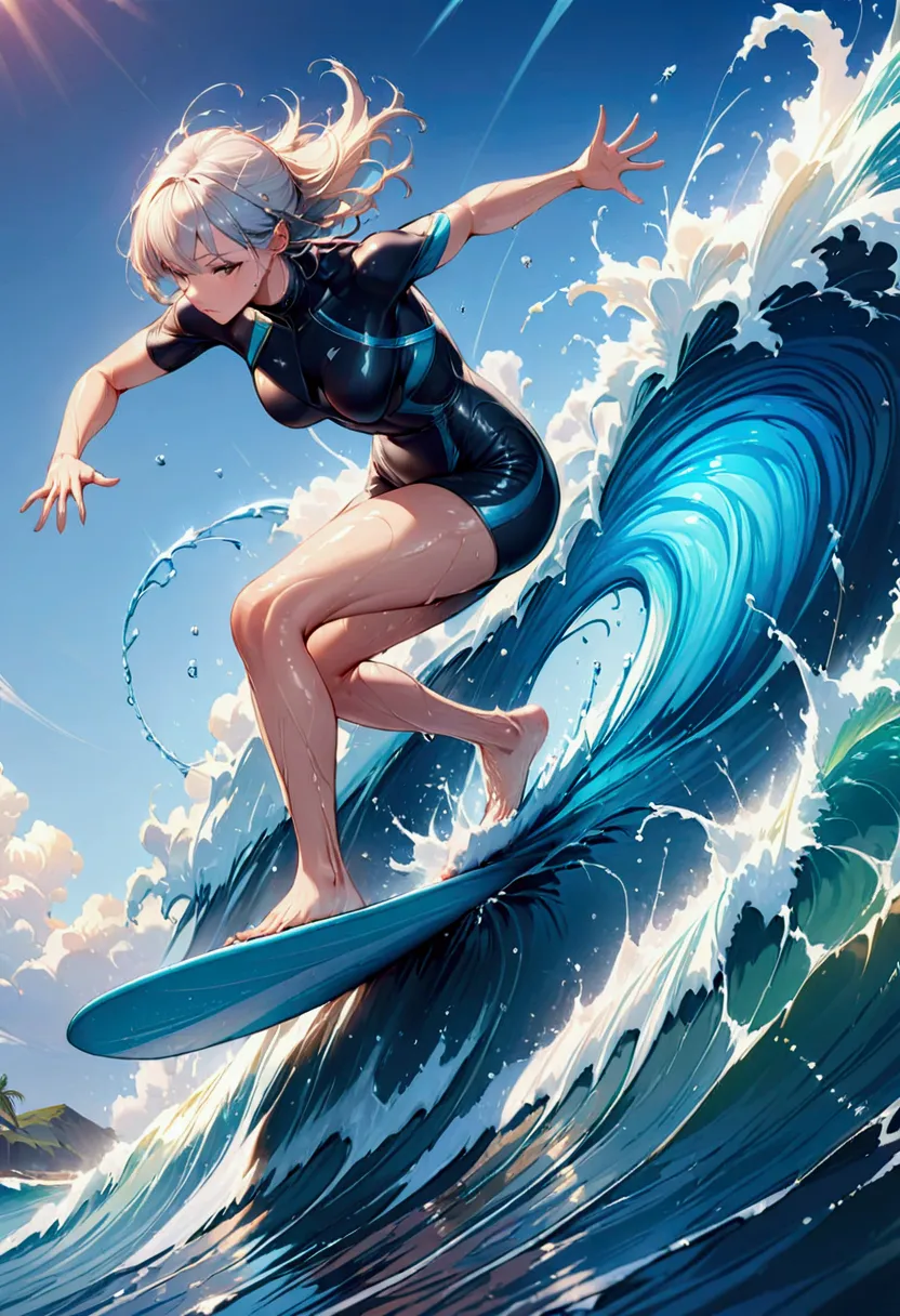 surfing, surfer, (masterpiece:1.2), best quality, high quality, highres, (hyper detailed), water element,