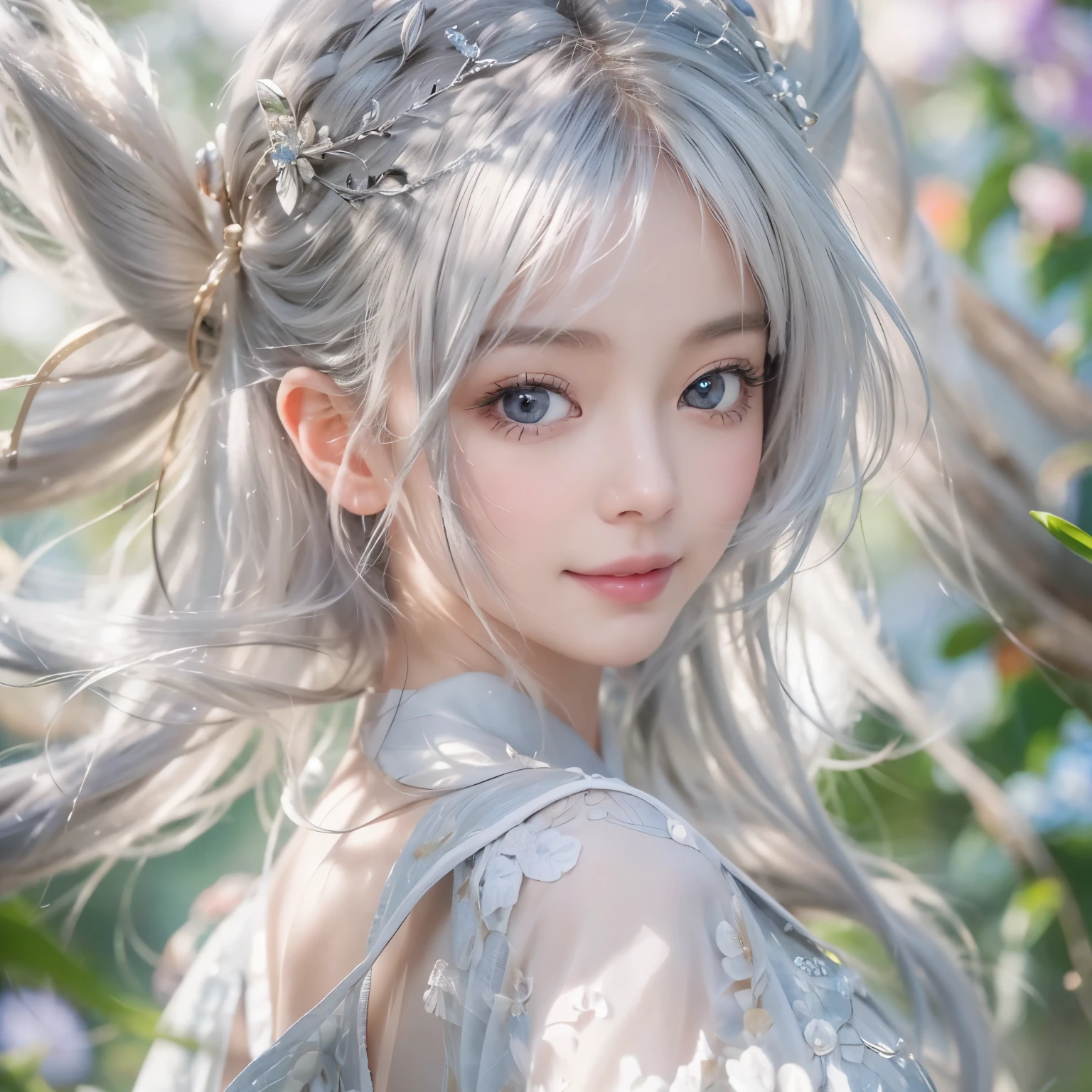 (masterpiece:1.3), (8k, realistic, RAW photos, Best image quality: 1.4), white skinned fairy woman、Short hair、split:2.0、very detailed face、attention to detail、double eyelid、sharp focus:1.2、Beautiful woman:1.4、silver-white hair、best quality、masterpiece、ultra high resolution、(realistic:1.4)、Highly detailed and professionally illuminated smile、Loose, light,japanese high 、 One、whole body,　add bread to mouth、Cycling through Japanese cities、