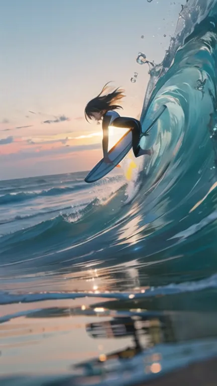 surfing girl,(surfing:1.3), ocean, one surfboad, a girl is surfing