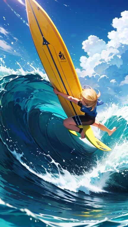 Surfing girl,(surfing:1.3), Ocean, one surfboad, A girl is surfing