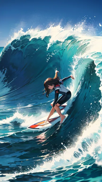 surfing girl,(surfing:1.3), ocean, one surfboad, a girl is surfing