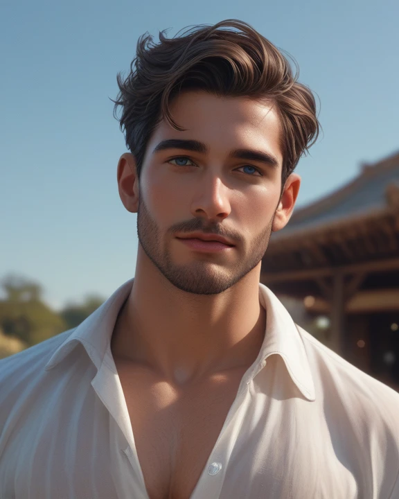 8k, handsome face, realistic, (natural lighting:studio lighting:0.5), sophisticated elegant mood, smudged, highly detailed, found footage, broad male shoulders, facial hair, cold, feel good, (best quality:1.5), portrait, wear white blouse, facial focus, Mischa_Janice, outdoors, blue sky, coconut,, (Artwork,best quality:1.5), zPDXL2