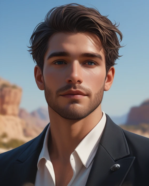 8k, handsome face, realistic, (natural lighting:studio lighting:0.5), sophisticated elegant mood, smudged, highly detailed, found footage, broad male shoulders, facial hair, cold, feel good, (best quality:1.5), portrait, wear white blouse, facial focus, Mischa_Janice, outdoors, blue sky, coconut,, (Artwork,best quality:1.5), zPDXL2