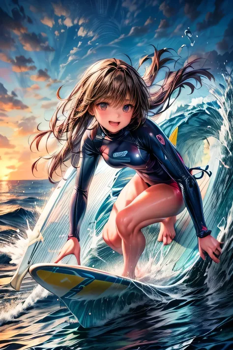 cute surfer girl surfing on a long board in the ocean waves, 1girl, breasts, swimsuit, solo, smile, open mouth, long hair, outdo...