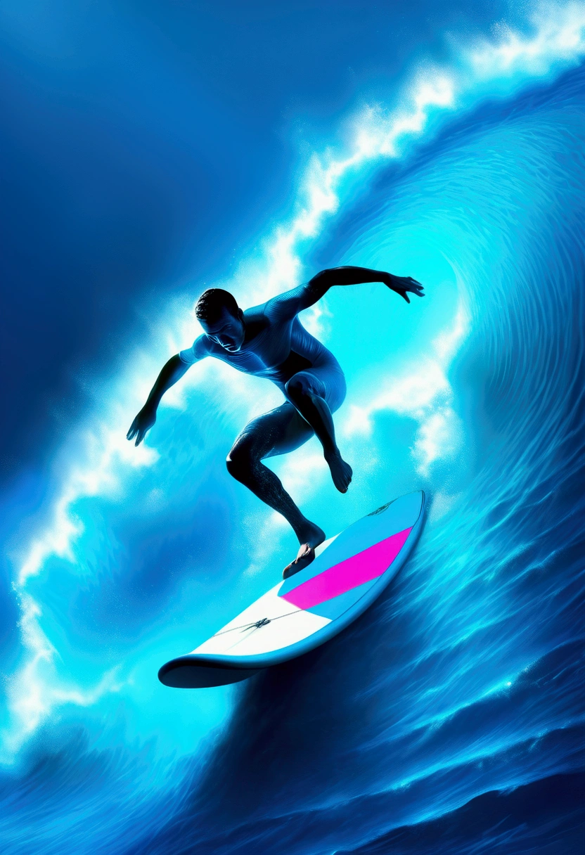 Surfer on surfboard, Professional sportswear, Capture the moment when a surfer sprints through the waves. The waves are like a wall, and the surfers shuttle through it, showing the conquest of nature and the challenge of their own limits.

dynamic movement, full body, photorealistic, Professional, perfect composition, intricate details, ultra-detailed