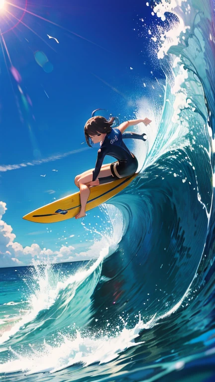 Surfing girl,(surfing:1.3), Ocean, one surfboad, A girl is surfing