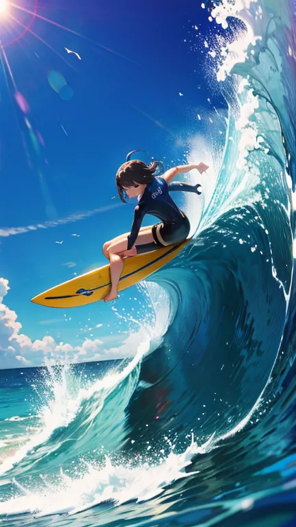 surfing girl,(surfing:1.3), ocean, one surfboad, a girl is surfing