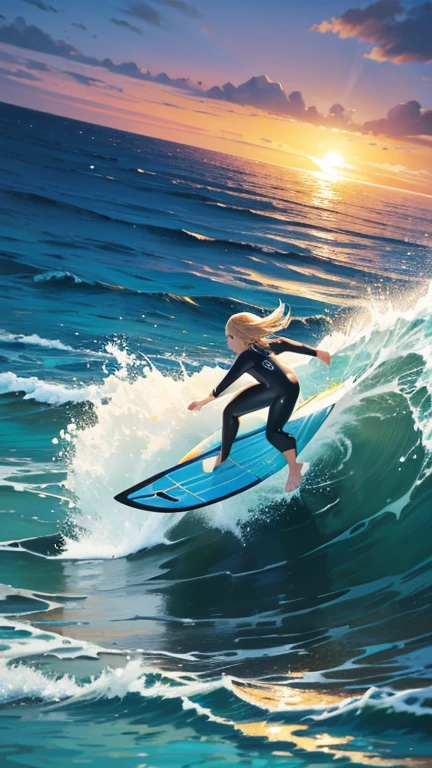 Surfing girl,(surfing:1.3), Ocean, one surfboad, A girl is surfing