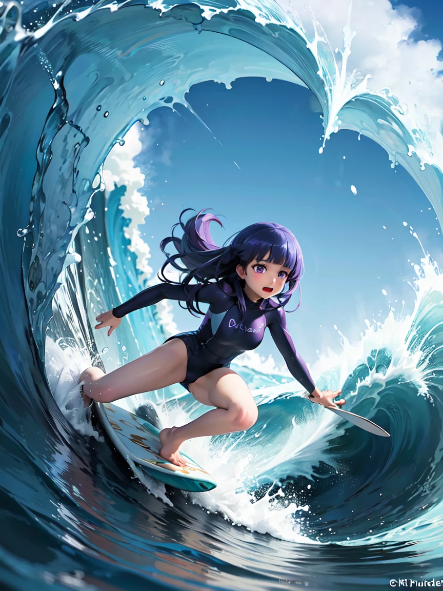 (surfing), Big Wave, performance, dynamic, Splash of the sea, Sports, action, girl, alone, (Rika Furude), Blue Hair, Purple eyes, Long Hair, blunt bangs, bangs, I&#39;m 11 years old, 