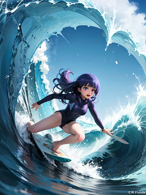 (surfing), big wave, performance, dynamic, splash of the sea, sports, action, girl, alone, (rika furude), blue hair, purple eyes...