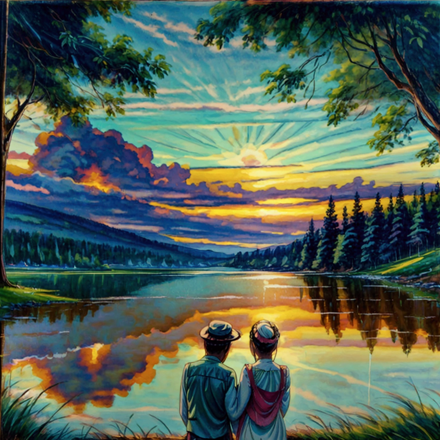 A loving couple stands in a serene lake, surrounded by a vast, green grass field. They gaze into each other's eyes, sharing an intimate and tender moment. The photograph is captured with a wide perspective, giving a sense of distance and grandeur, yet the camera focuses sharply on them, making the surrounding landscape slightly blurry. The couple's clear and detailed depiction contrasts with the soft, oil or watercolor-like effect on the grass and trees. The sky is clear and expansive, with beautiful clouds adding to the scenic atmosphere. The overall image is breathtakingly scenic, with an emphasis on the natural beauty of the landscape and the couple's connection. The photograph is rendered in ultra-high-definition, 16k resolution, ensuring every detail is crisp and vivid, making it the best and most stunning image possible.