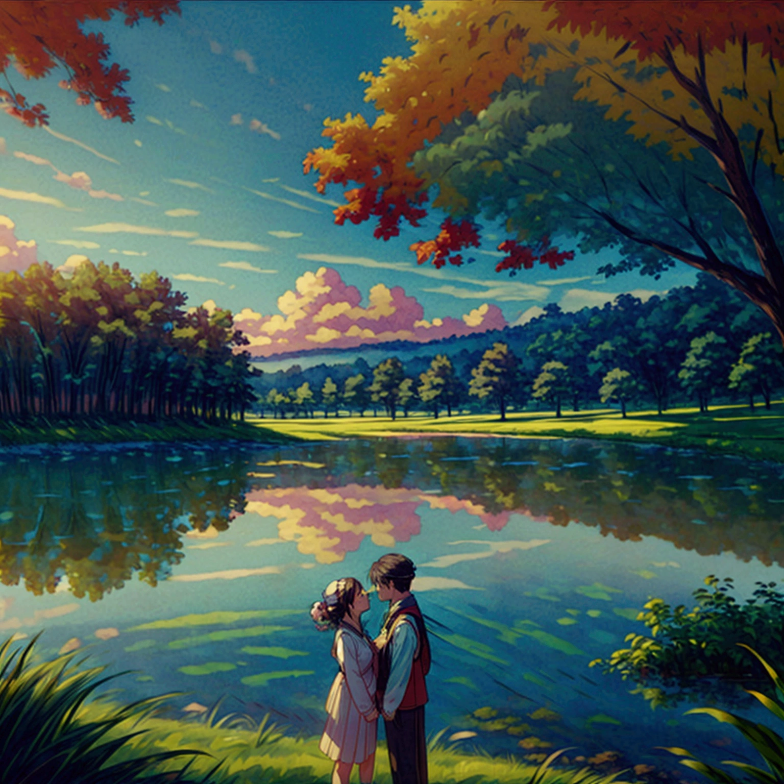 A loving couple stands in a serene lake, surrounded by a vast, green grass field. They gaze into each other's eyes, sharing an intimate and tender moment. The photograph is captured with a wide perspective, giving a sense of distance and grandeur, yet the camera focuses sharply on them, making the surrounding landscape slightly blurry. The couple's clear and detailed depiction contrasts with the soft, oil or watercolor-like effect on the grass and trees. The sky is clear and expansive, with beautiful clouds adding to the scenic atmosphere. The overall image is breathtakingly scenic, with an emphasis on the natural beauty of the landscape and the couple's connection. The photograph is rendered in ultra-high-definition, 16k resolution, ensuring every detail is crisp and vivid, making it the best and most stunning image possible.