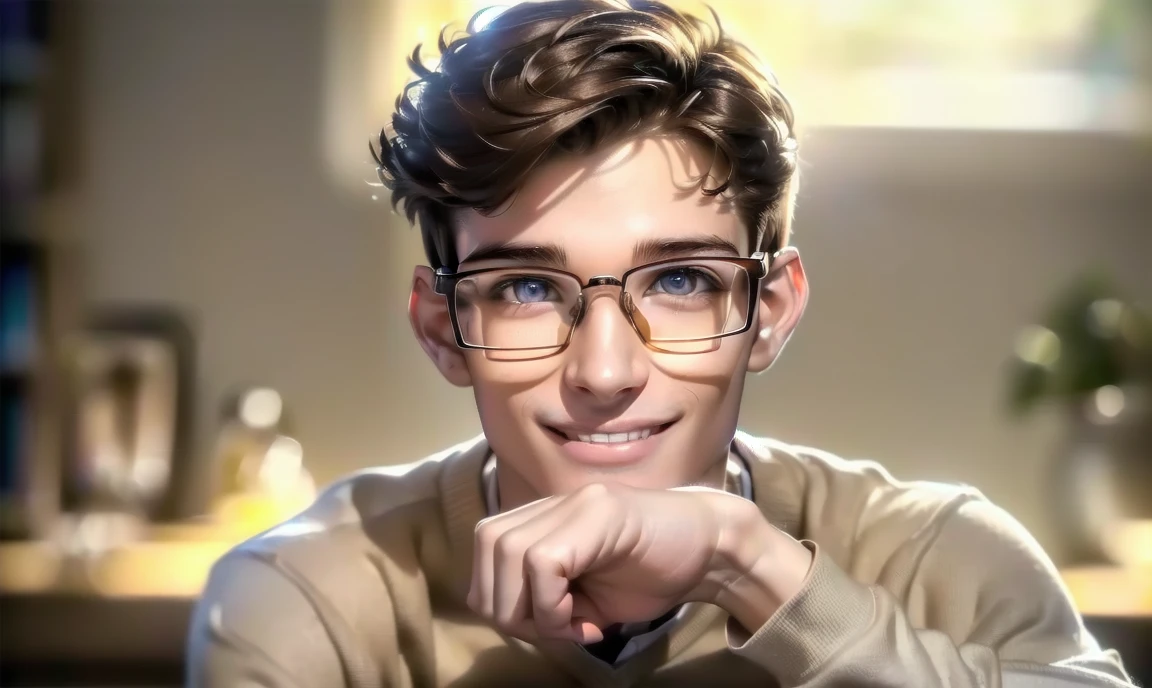 "((highly detailed, detailed eyes, detailed face, clear and realistic facial features, photorealistic, realistic light; cinematic)), (1 man), ((((sexy beautiful male nerd aged 18)))), (((ugly glasses))), ((lopsided smile)), ((smiling eyes)), (((slender body))), (brown hair), (light brown eyes), (((dressed in nerdy clothes)))."