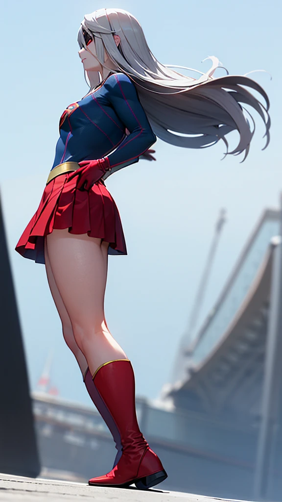 (whole body), (masterpiece:1.2), (Highest_quality:1.2), (Ultra_detailed:1.3), 8k,Low Angle，From below，Big ass girl, Mid-chest, Pose in front,barefoot，Red Boots，3D Rendering,( Supergirl)，Laura Bodewig, Long Hair, (Red eyes:1.3), Grey Hair, Eye patch,Red Skirt，The skirt is short,，A blue leotard is visible under the skirt.，The skirt is blown away by the wind，Red Cape，gloves，Simple Background，White Background，