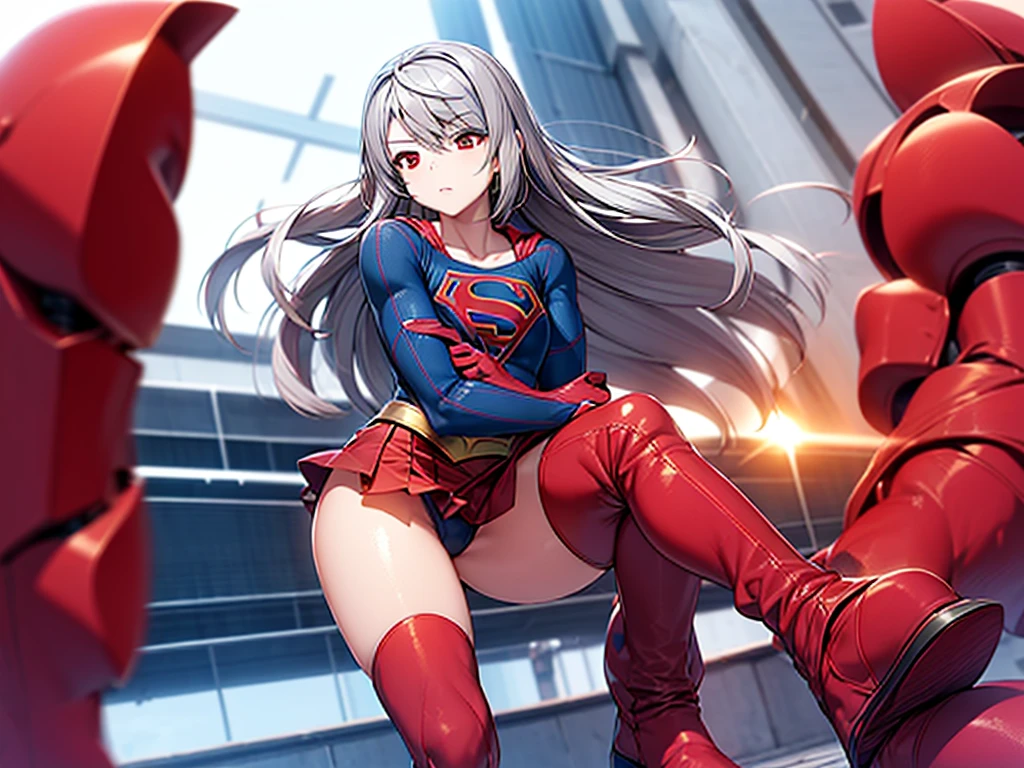 (whole body), (masterpiece:1.2), (Highest_quality:1.2), (Ultra_detailed:1.3), 8k,Low Angle，From below，Big ass girl, Mid-chest, Pose in front,barefoot，Red Boots，3D Rendering,( Supergirl)，Laura Bodewig, Long Hair, (Red eyes:1.3), Grey Hair, Eye patch,Red Skirt，The skirt is short,，A blue leotard is visible under the skirt.，The skirt is blown away by the wind，Red Cape，gloves，Simple Background，White Background，